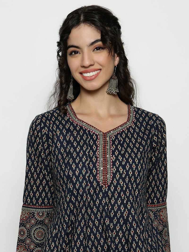 Black Ajrak  Cotton Stitched Anarakali Kurta, Palazzo With Dupatta