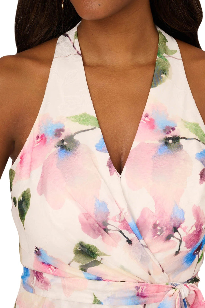 Adrianna Papell Floral Print Deep V-Neckline Sleeveless Waist Tie Chiffon Halter Dress