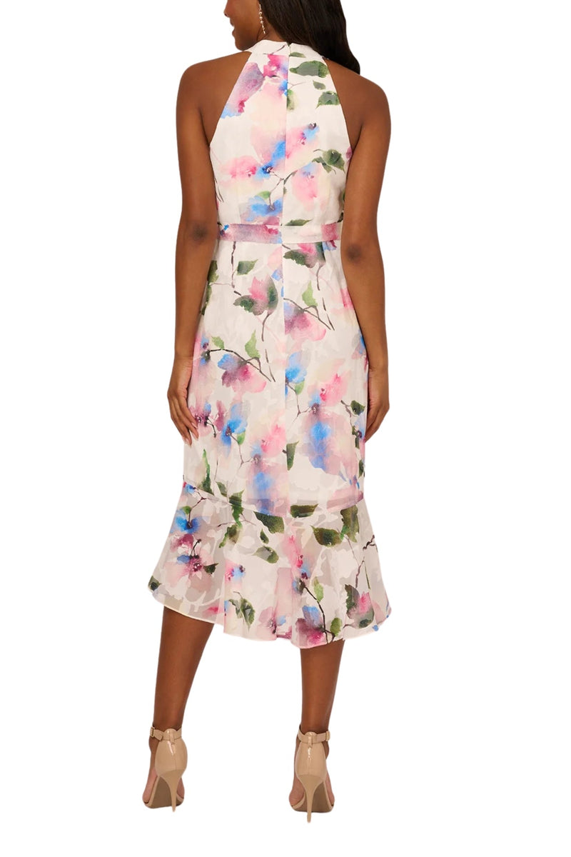 Adrianna Papell Floral Print Deep V-Neckline Sleeveless Waist Tie Chiffon Halter Dress