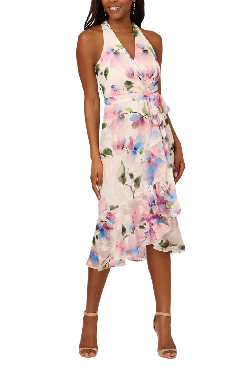 Adrianna Papell Floral Print Deep V-Neckline Sleeveless Waist Tie Chiffon Halter Dress