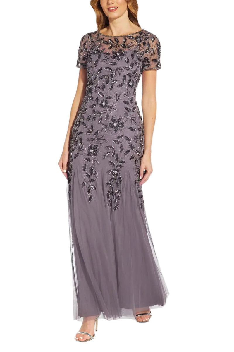 Adrianna Papell Boat Neck Short Sleeves Back Zipper Long Beaded Mesh Dress