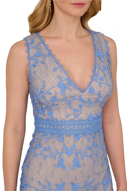 Adrianna Papell Embroidered Lace V-Neckline Sleeveless Sheath Gown Dress