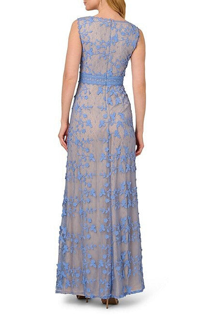 Adrianna Papell Embroidered Lace V-Neckline Sleeveless Sheath Gown Dress