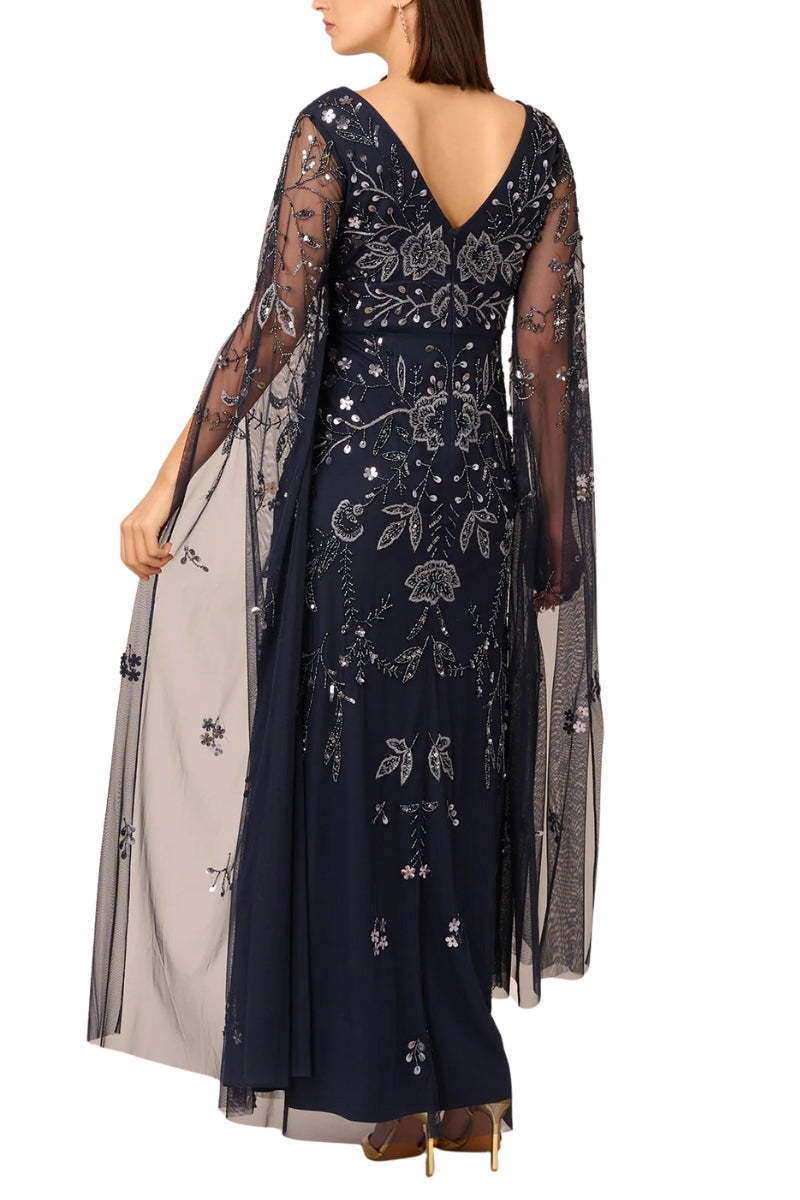 Adrianna Papell V-Neckline Long Split Sleeves Beaded Embellished Maxi Shift Dress