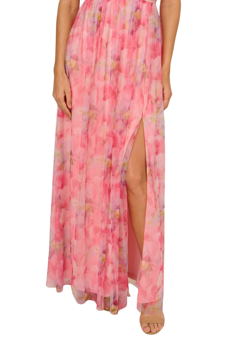 Adrianna Papell Floral Print Tulle Off-The-Shoulder A-Line Dress