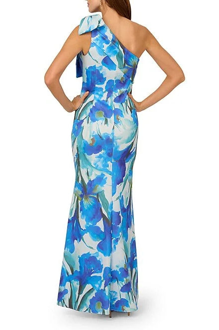 Adrianna Papell Blue Floral One-Shoulder Bow-Tie Detail Sleeveless Scuba Mermaid Shift Dress