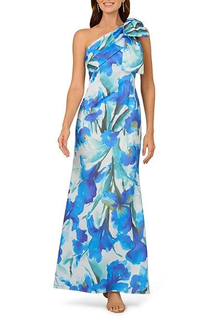 Adrianna Papell Blue Floral One-Shoulder Bow-Tie Detail Sleeveless Scuba Mermaid Shift Dress