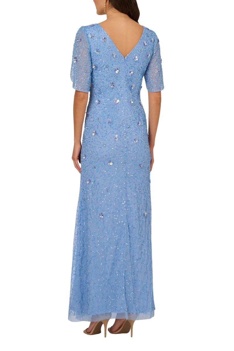 Adrianna Papell Bluebell Beaded V-Neckline Tulip Sleeves Maxi Mermaid Dress