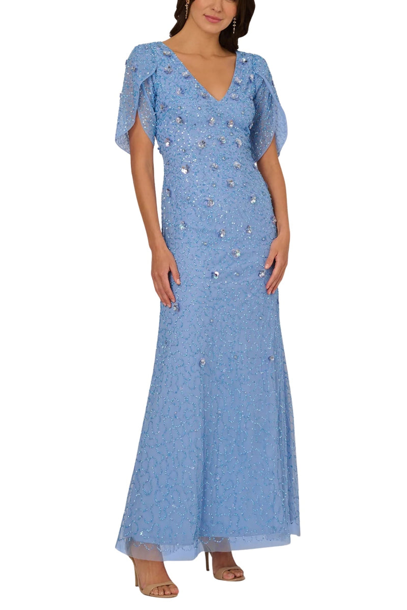 Adrianna Papell Bluebell Beaded V-Neckline Tulip Sleeves Maxi Mermaid Dress