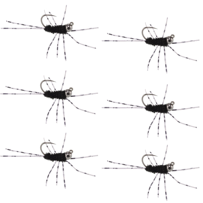 Barbless Pat's Rubber Legs Tungsten Bead Jig Black Euro Nymph 6 Flies #6