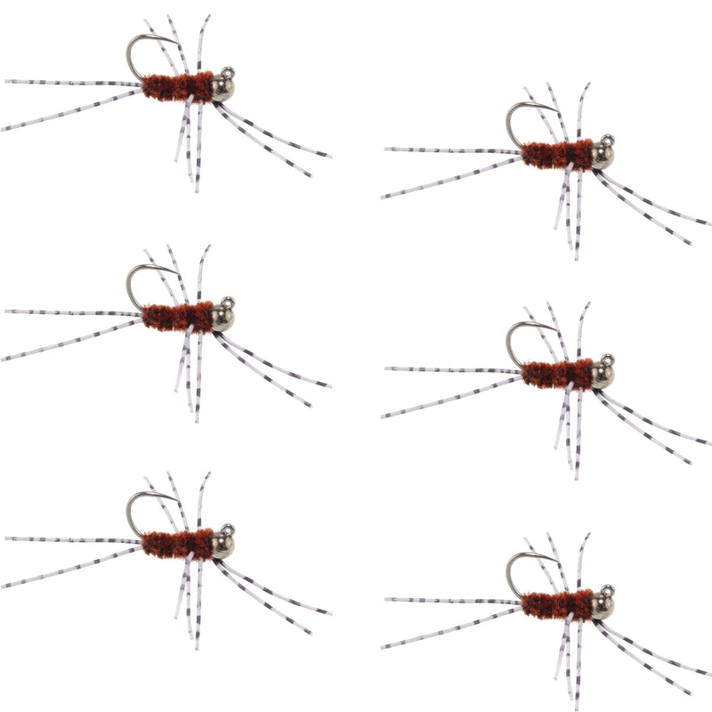 Barbless Pat's Rubber Legs Tungsten Bead Jig Brown Euro Nymph 6 Flies #6