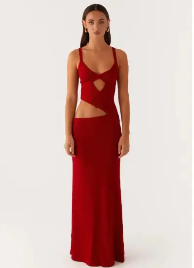 Hollow Stitch Irregular Solid Color Dress