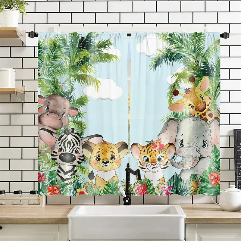 2Pcs Tropical Jungle Animal Cartoon Curtains Living Room Bedroom Window Decor or Kids Room