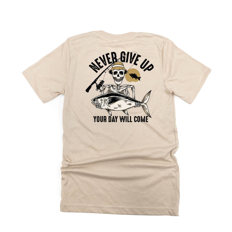 Fishing Skelly - Never Give Up (pf&b) - Unisex Tee