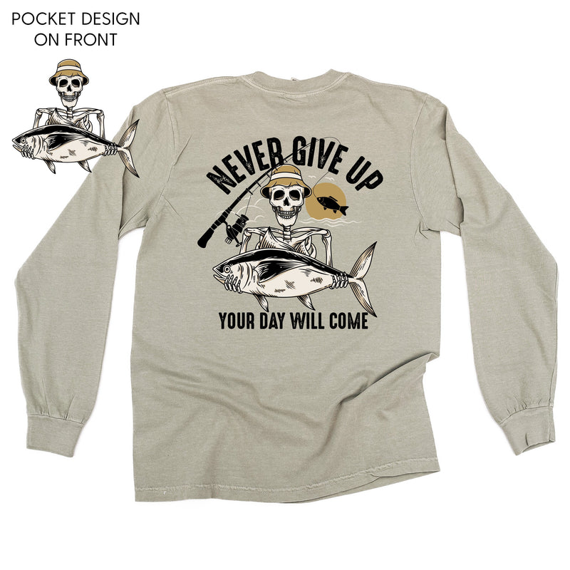 Fishing Skelly - Never Give Up (pf&b) - Long Sleeve Comfort Colors Tee