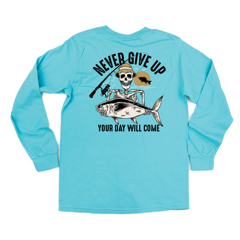 Fishing Skelly - Never Give Up (pf&b) - Long Sleeve Comfort Colors Tee