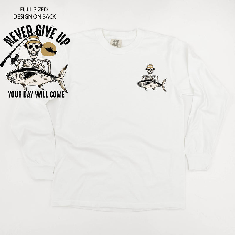 Fishing Skelly - Never Give Up (pf&b) - Long Sleeve Comfort Colors Tee
