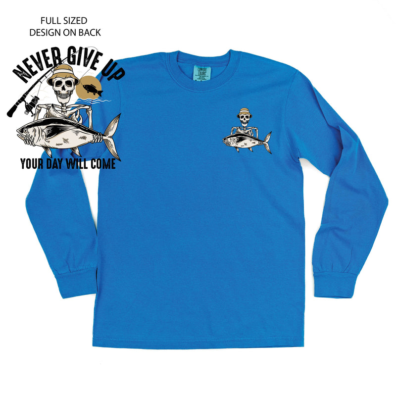 Fishing Skelly - Never Give Up (pf&b) - Long Sleeve Comfort Colors Tee