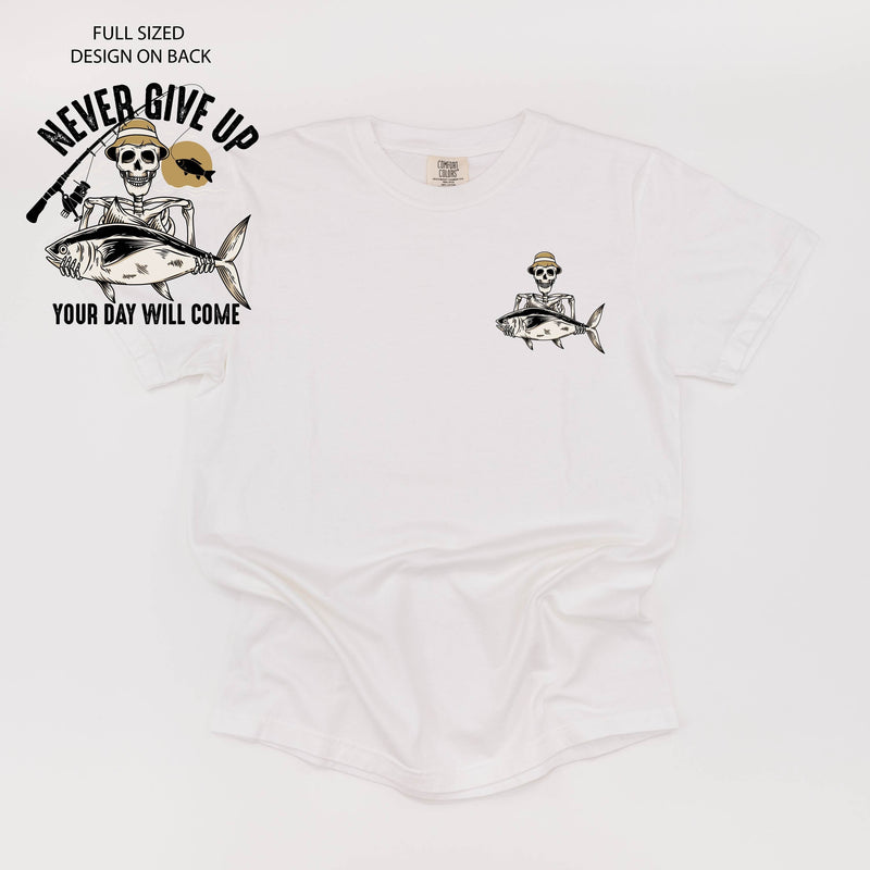Fishing Skelly - Never Give Up (pf&b) - Comfort Colors Tee