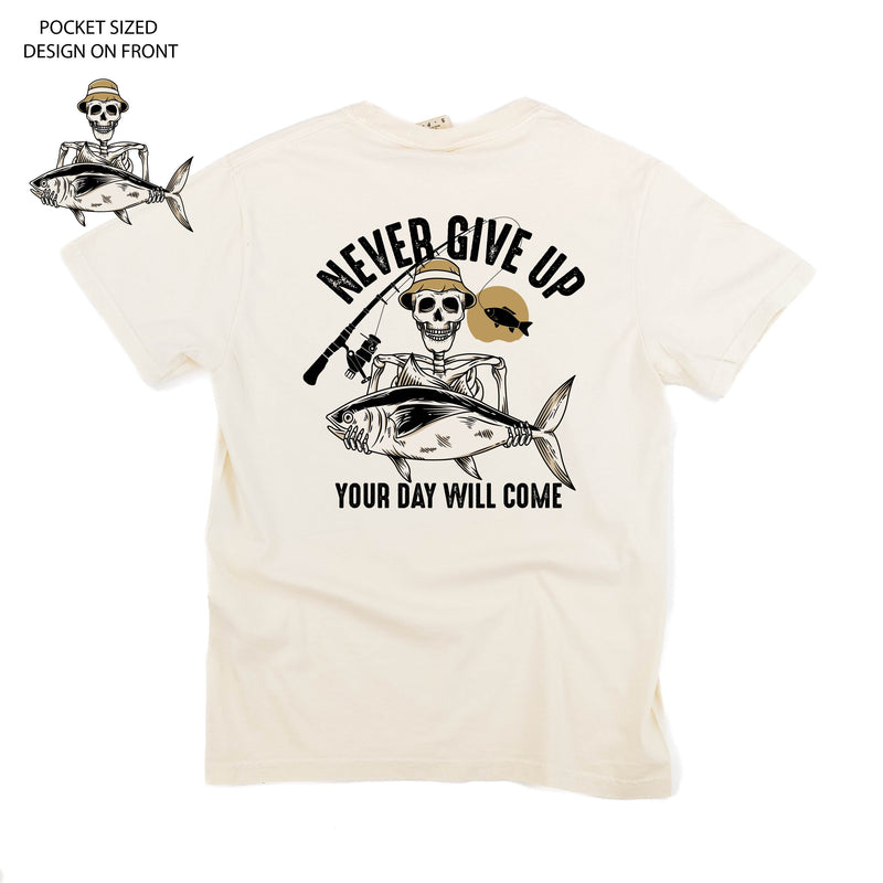 Fishing Skelly - Never Give Up (pf&b) - Comfort Colors Tee
