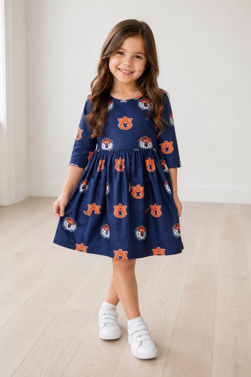 Auburn Blue Aubie 3/4 Sleeve Pocket Twirl Dress