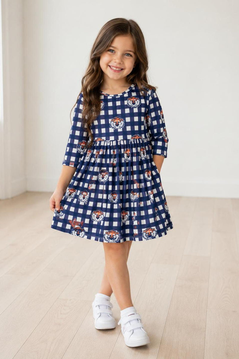 Auburn Plaid Aubie 3/4 Sleeve Pocket Twirl Dress