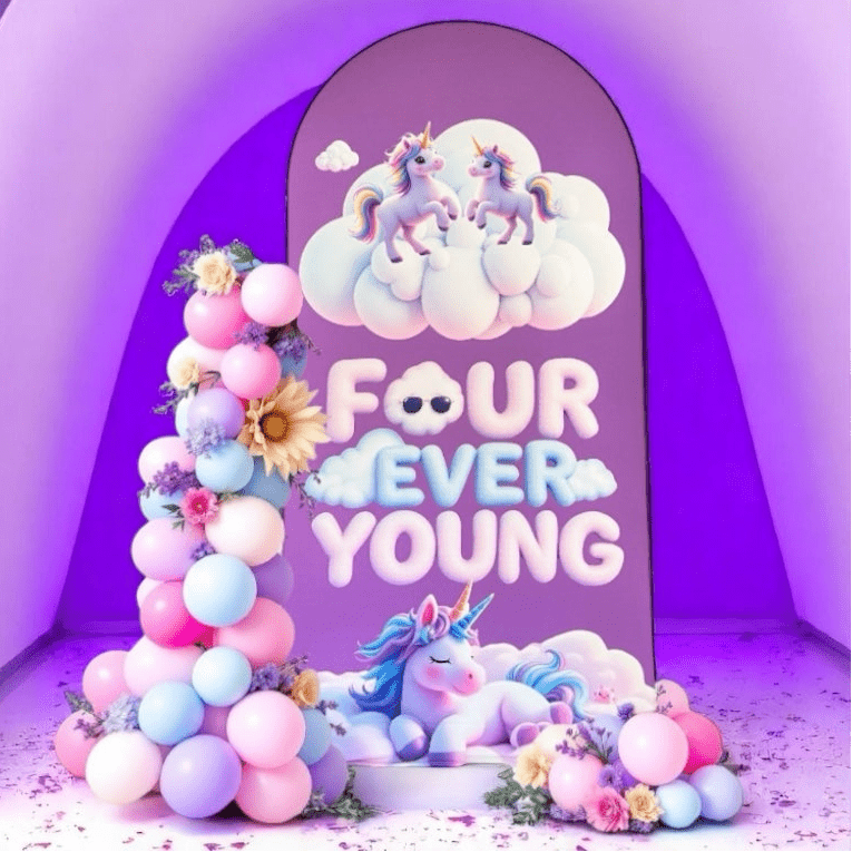 Four Ever Young Fabric Arch Cover - 4th Birthday Party Decor