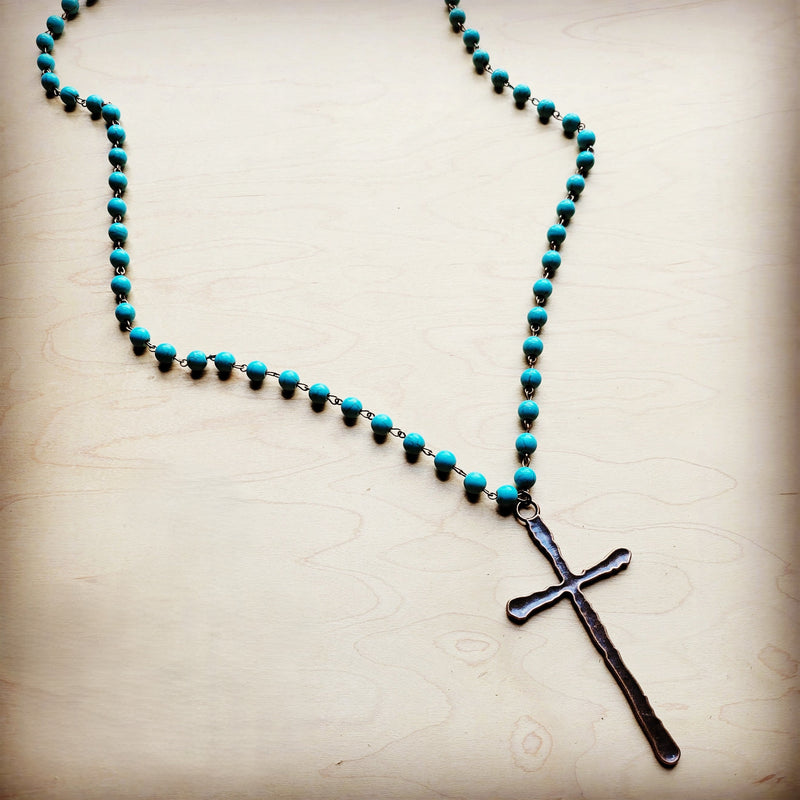 Turquoise Long Beaded Necklace with Antique Copper Cross 255r
