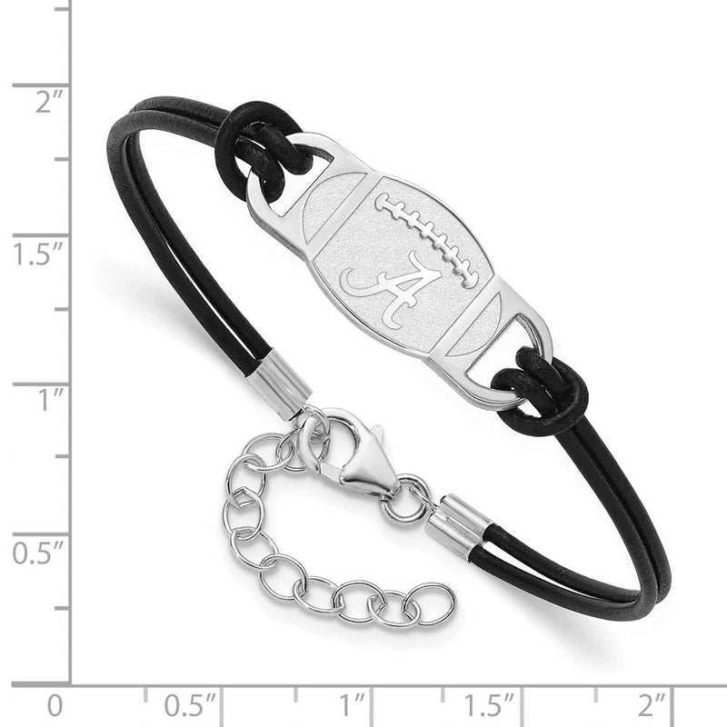 Sterling Silver Rhodium Plated U of Alabama Leather Adj Bracelet, 7 In