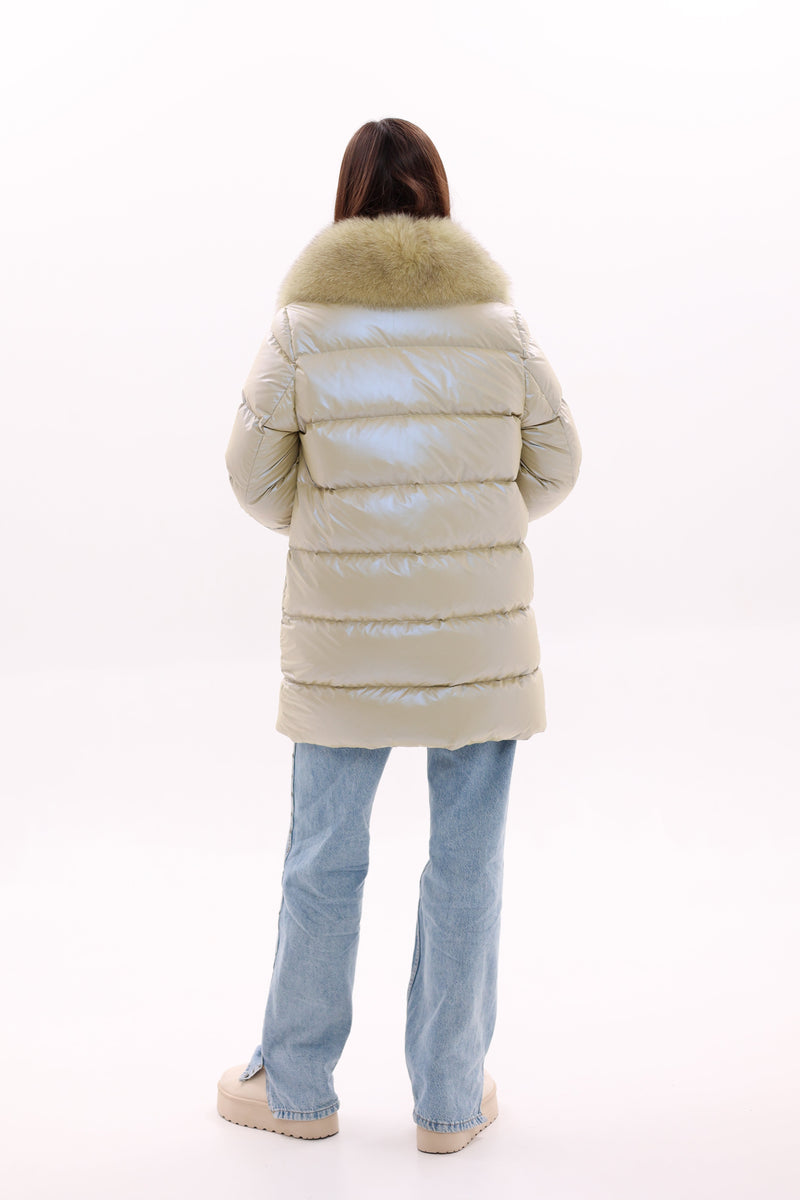 Genuine Fox Fur Down Coat with Fur Trim Mittens