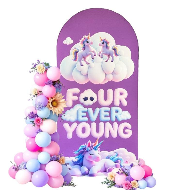 Four Ever Young Fabric Arch Cover - 4th Birthday Party Decor