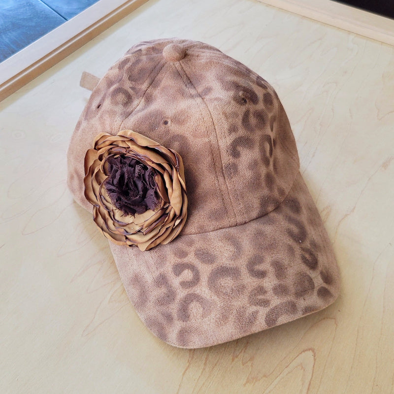 Hand-Painted Leopard Suede Baseball Cap w/ Flowers Tan 986L
