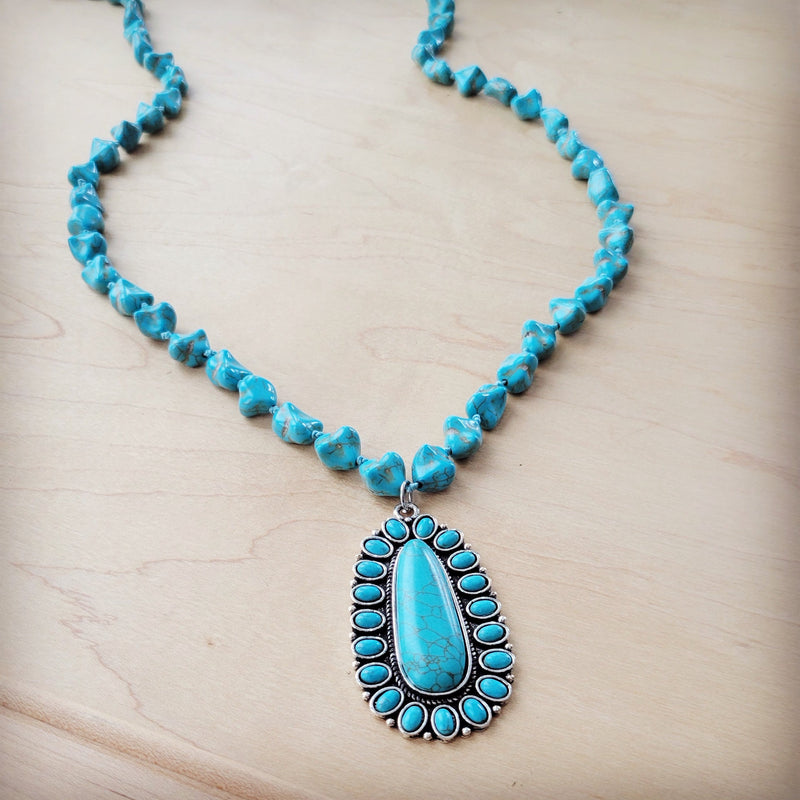 Long Western Turquoise Beaded Necklace w/ Squash Blossom Pendant 261w