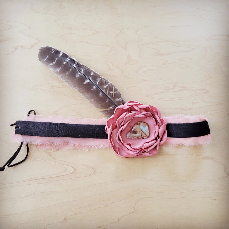 Leather Hat Band w/ Silk Flower & Feathers-Rose (Band Only) 952w