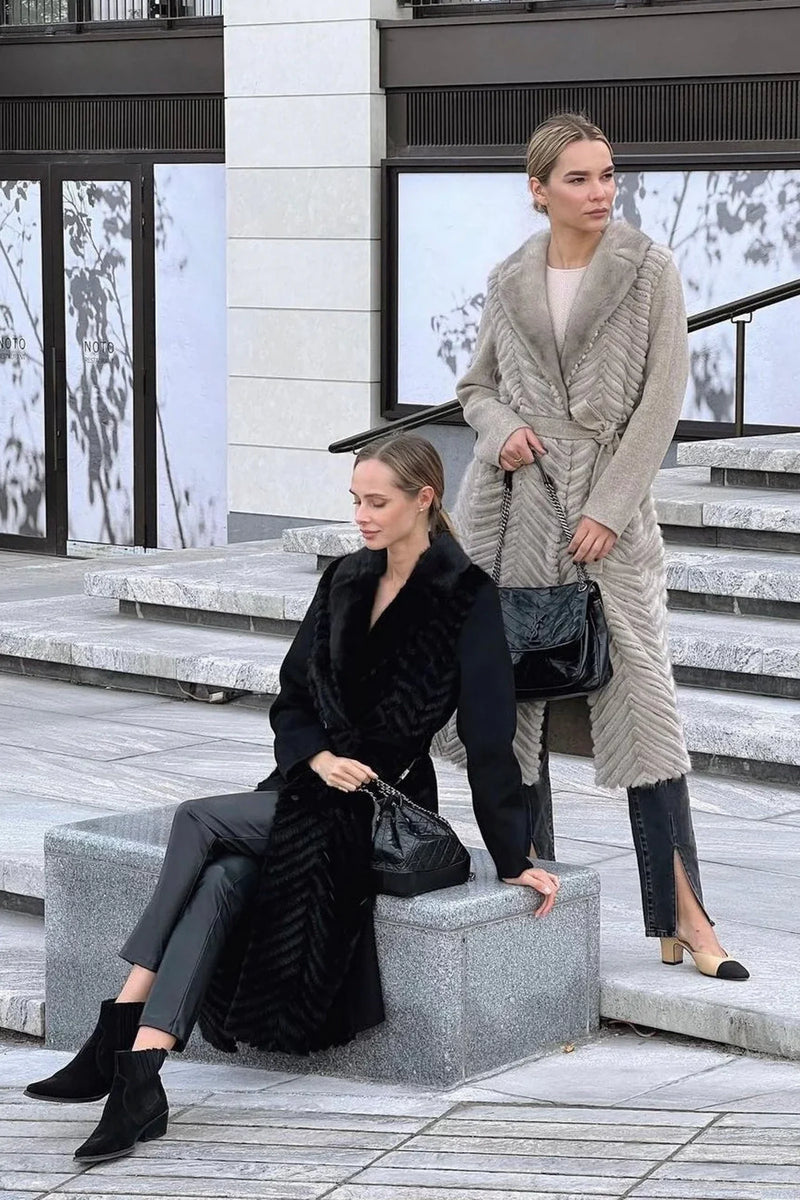 Genuine Mink Fur Rex Fur Trim Virgin Wool Coat in Beige