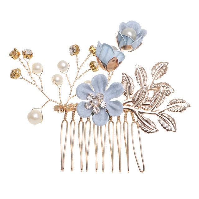 Luxury Blue Flower Hair Combs Headdress Prom Bridal Wedding Hair Accessories Gold Leaves Hair Jewelry Hair Pins