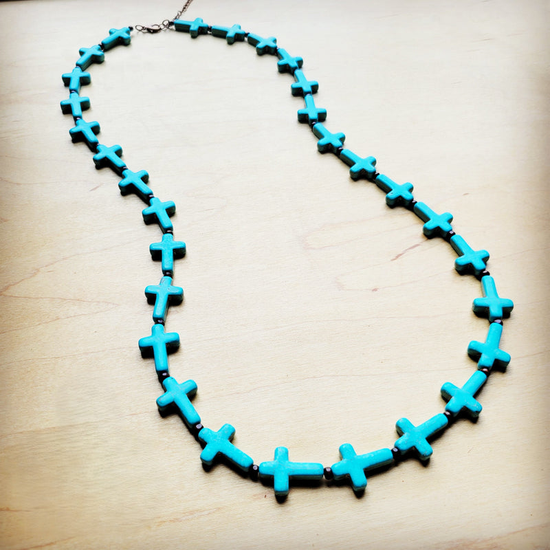 Blue Turquoise & Wood Beaded Cross Necklace 258n