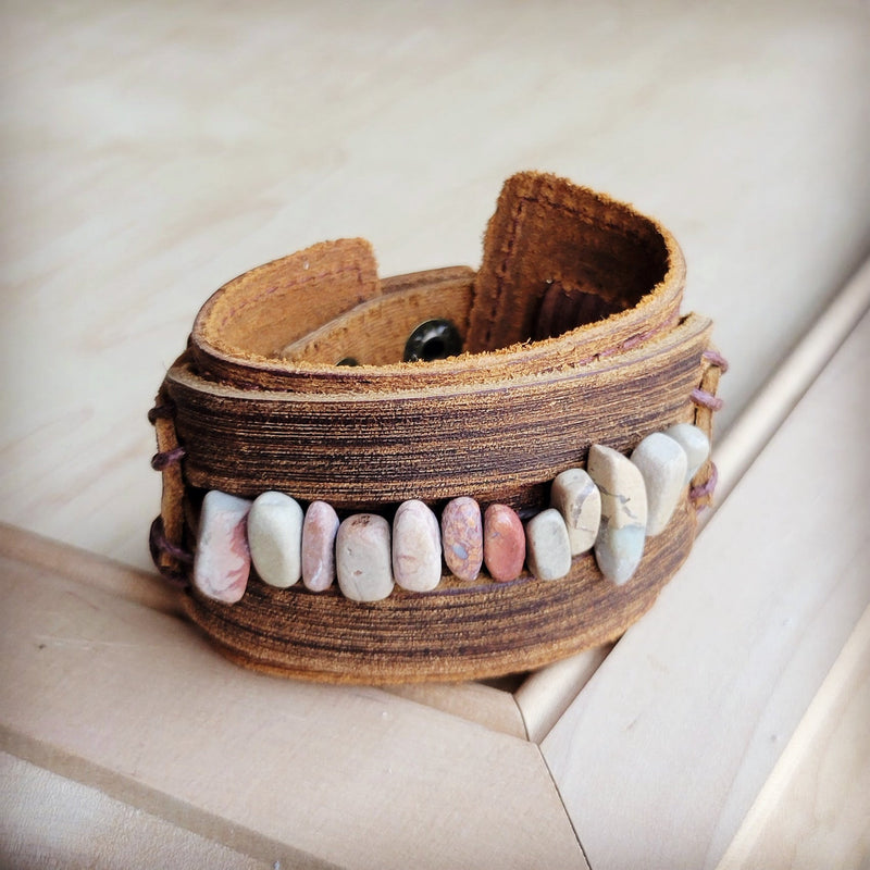 Genuine Leather Cuff with Aqua Terra Gemstone Chunks 005e