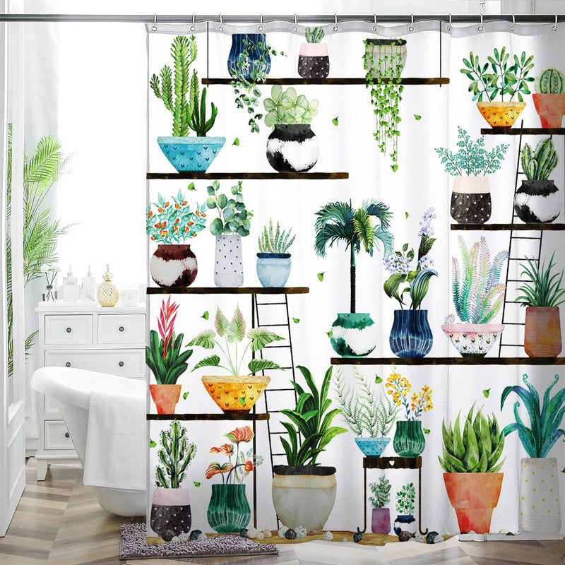 72-in. Watercolor Plants Botanical Floral Flower Pots Succulents Shower Curtain