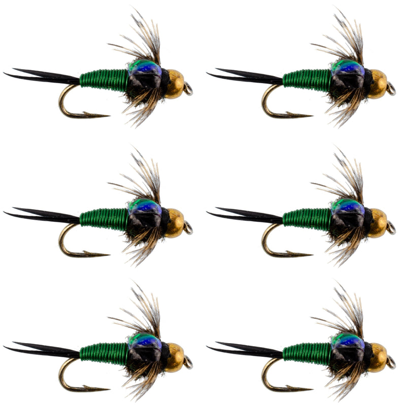 Bead Head Green Copper John Nymph Fly Fishing Flies - Set of 6 Flies Hook Size 18