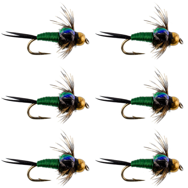 Bead Head Green Copper John Nymph Fly Fishing Flies - Set of 6 Flies Hook Size 16
