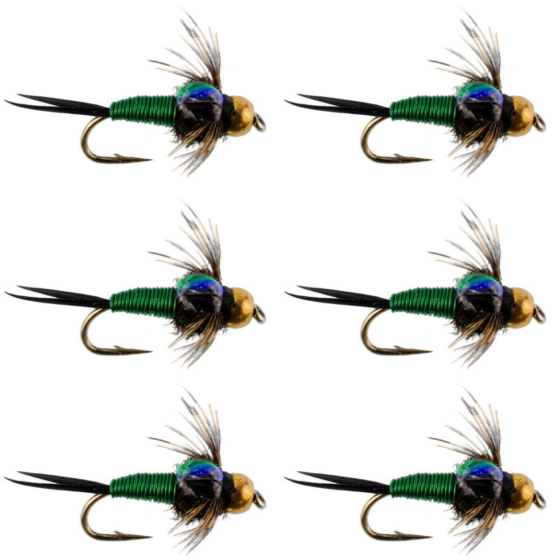 Bead Head Green Copper John Nymph Fly Fishing Flies - Set of 6 Flies Hook Size 12