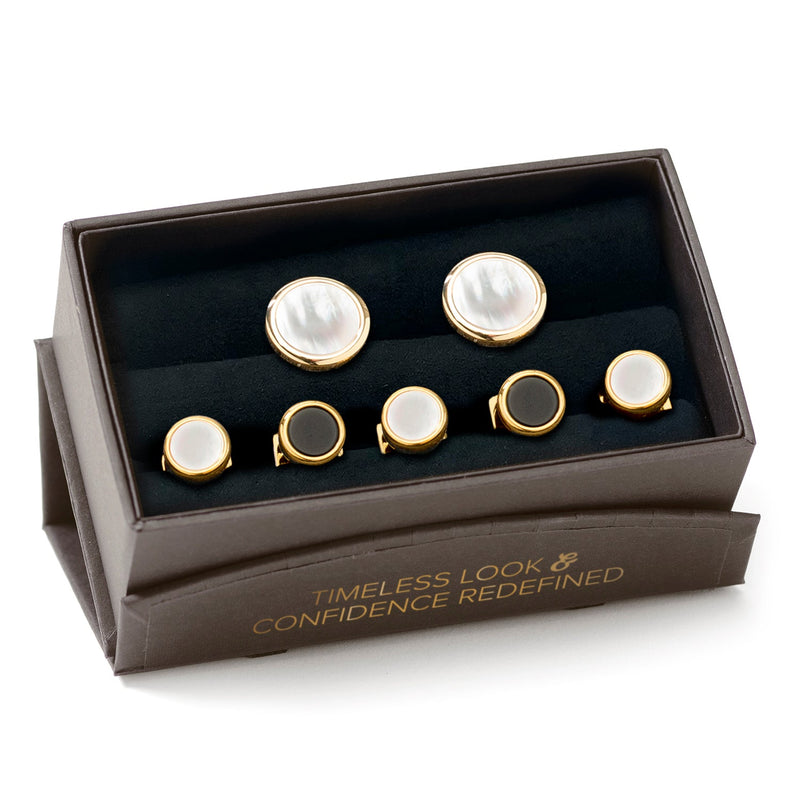 Double Sided Gold Mother of Pearl Round Beveled 5-Stud Set