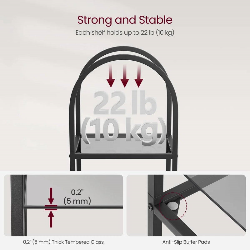 Arched Top Black Metal Display Rack Narrow Bookcase with 5 Glass Storage Shelves