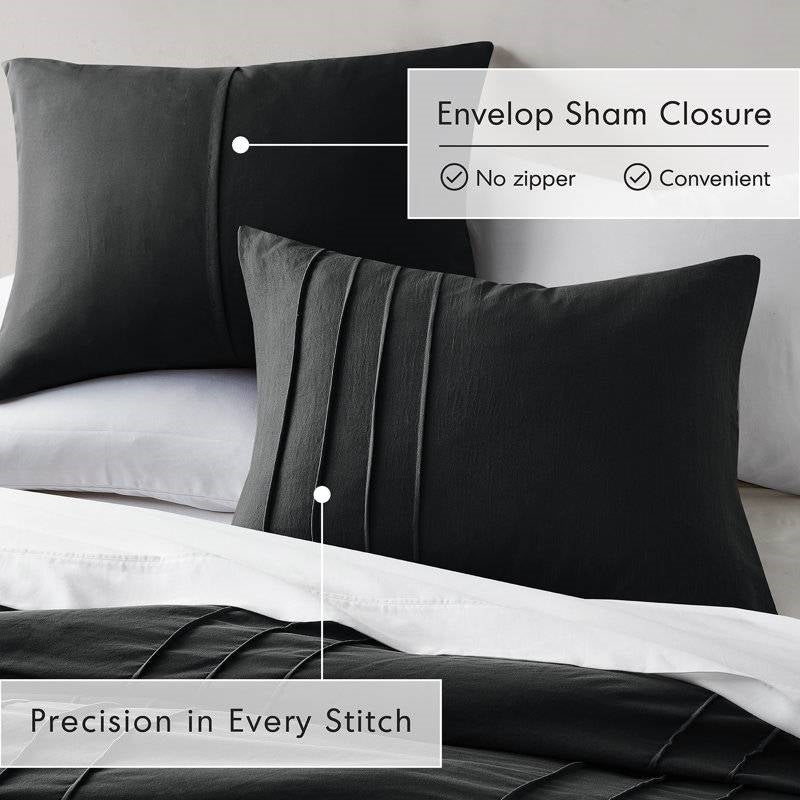 King size Pre-Washed Pleated Microfiber Comforter Set in Black