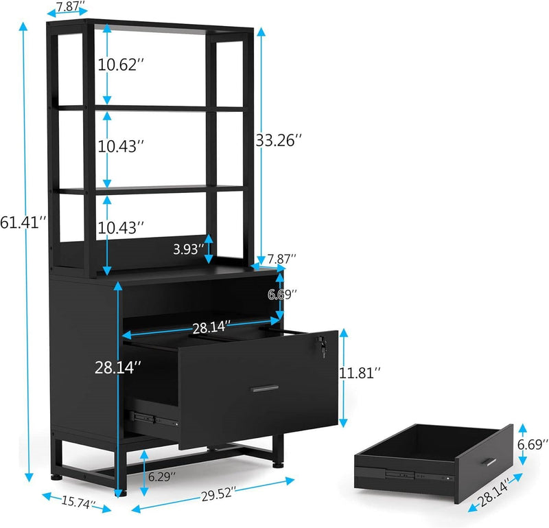 Home Office Lockable 2 Drawer Filing Cabinet Bookshelf in Black Wood Finish