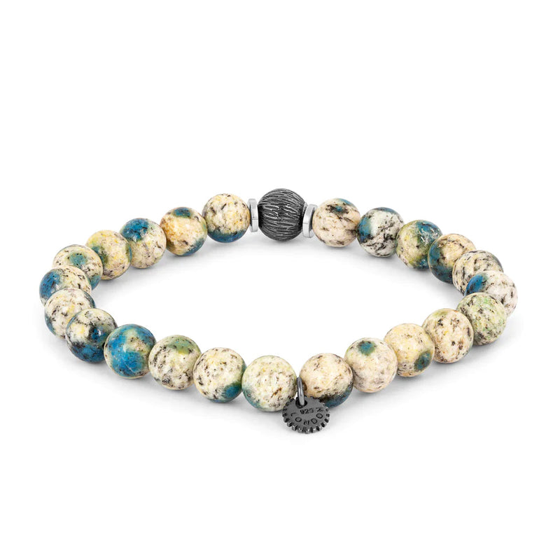 Lhasa Graffiato Beaded Bracelet in Rhodium Silver with Cream and Blue Azurite