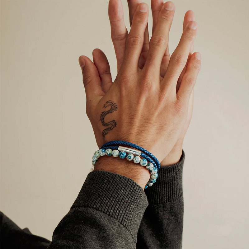 Lhasa Graffiato Beaded Bracelet in Rhodium Silver with Cream and Blue Azurite