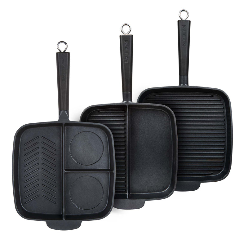 3 PACK BUNDLE - 11" HEAVY DUTY GRILL PAN + 11" 2-SECTION PAN + 3-SECTION PAN, WITH DETACHEABLE BAKELITE HANDLE, CAST ALUMINUM WITH SUPERIOR NON-STICK
