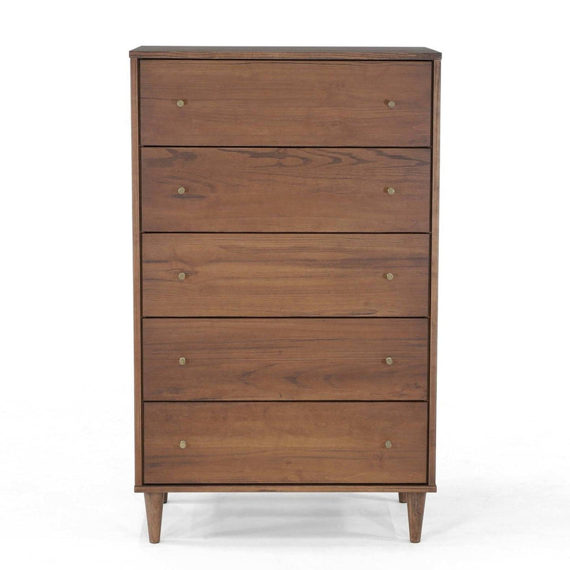 Farmhouse Rustic Walnut Mid Century 5 Drawer Chest